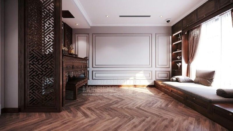 Vách gỗ CNC mang lại sự đẹp mắt cho phòng thờ hiện đại.