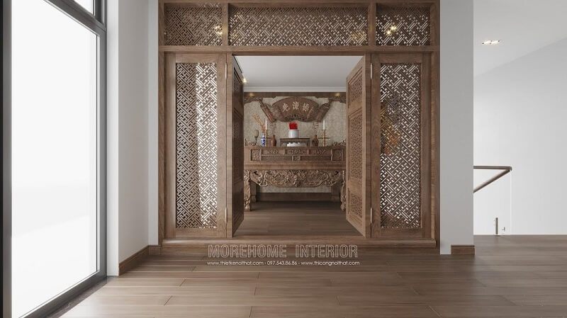 Mẫu cửa gỗ cao cấp có thiết kế phần khung ngoài bằng gỗ tự nhiên và bên trong được làm bằng các điệu nằng vách cnc thay vì tấm cửa gỗ truyền thống giúp tạo nên sự sang trọng và tinh tế cho không gian phòng thờ.
