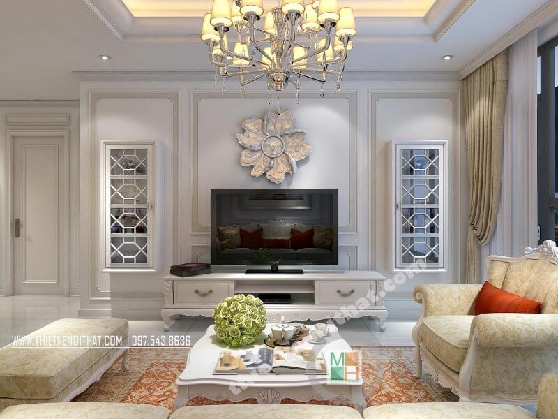 Trang trí phòng khách chung cư đẹp hơn với mẫu kệ ti vi tân cổ điển