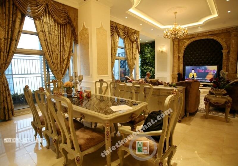 Bộ bàn ghế ăn đặt chính giữa phòng ăn kết nối không gian khu vực phòng khách với khu bếp sang trọng