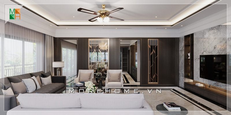 Không gian phòng khách của bạn sẽ trở nên sang trọng, đẳng cấp hơn nhờ mẫu vách ốp tường tivi bằng đá nhân tạo vân mây xám cao cấp