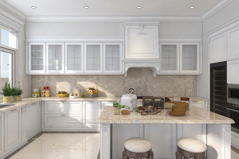 Mẫu tủ bếp đẹp, phù hợp với phong cách tân cổ điển, được làm từ gỗ tần bì nhập khẩu và phun sơn cao cấp, mang lại sự sang trọng cho biệt thự.