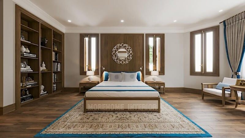 Sự kết hợp giữa gỗ óc chó và gam màu trắng trong thiết kế nội thất phòng ngủ sẽ tạo ra một không gian yên tĩnh, êm ái và an toàn.